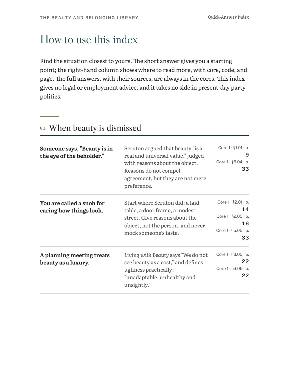 Quick-Answer Index page with situations, answers, and page numbers